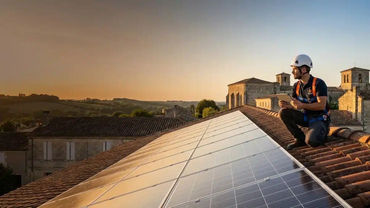 Installateur certifié RGE posant des panneaux photovoltaïques sur le toit d'une maison à Saint-André-de-Cubzac.