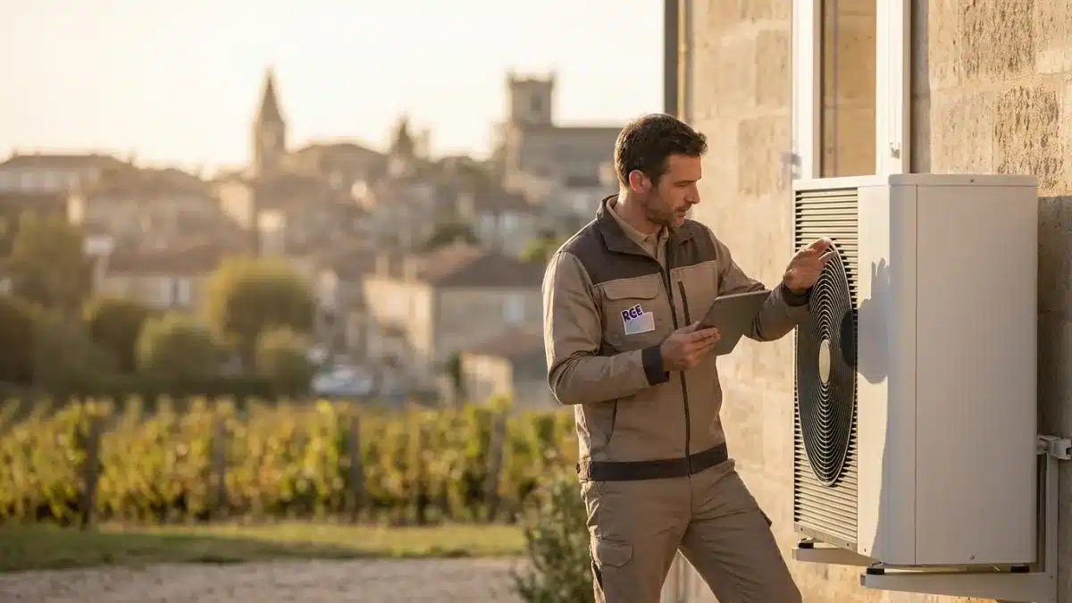 Professionnel qualifié installant une pompe à chaleur dans une maison à Saint-André-de-Cubzac.