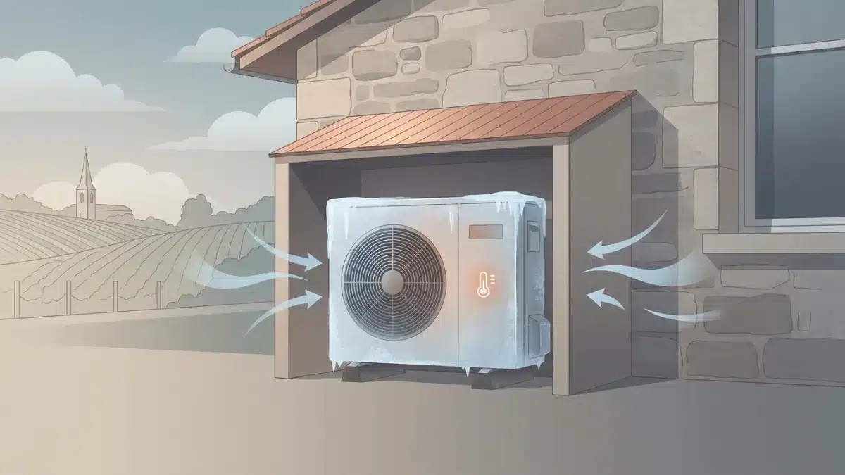 Une unité extérieure de pompe à chaleur dispose d'un système de dégivrage adapté au climat humide de Gironde.