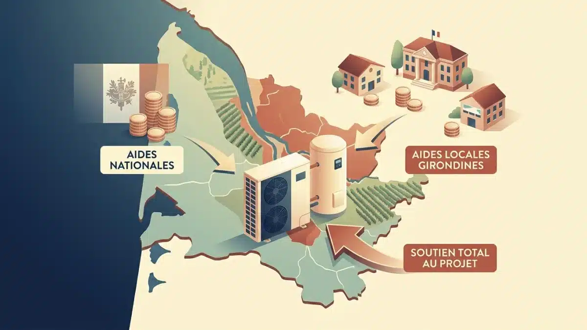 Une carte détaillée de la Gironde met en évidence les subventions locales pour la transition énergétique.