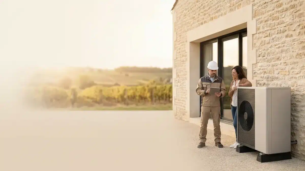 Un artisan qualifié installe une pompe à chaleur air/eau moderne devant une maison résidentielle à Libourne.