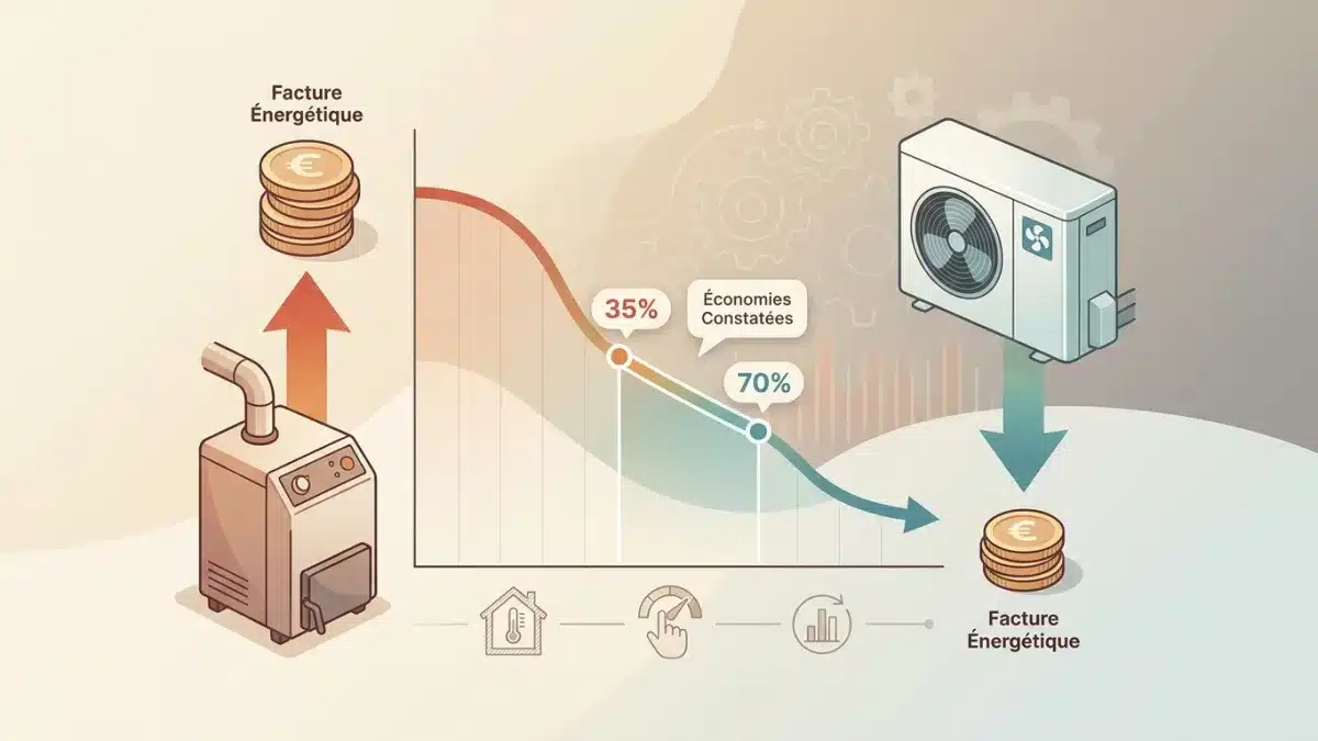 Graphique illustrant les économies d'énergie de 35 à 70% réalisées grâce à une pompe à chaleur air-eau.