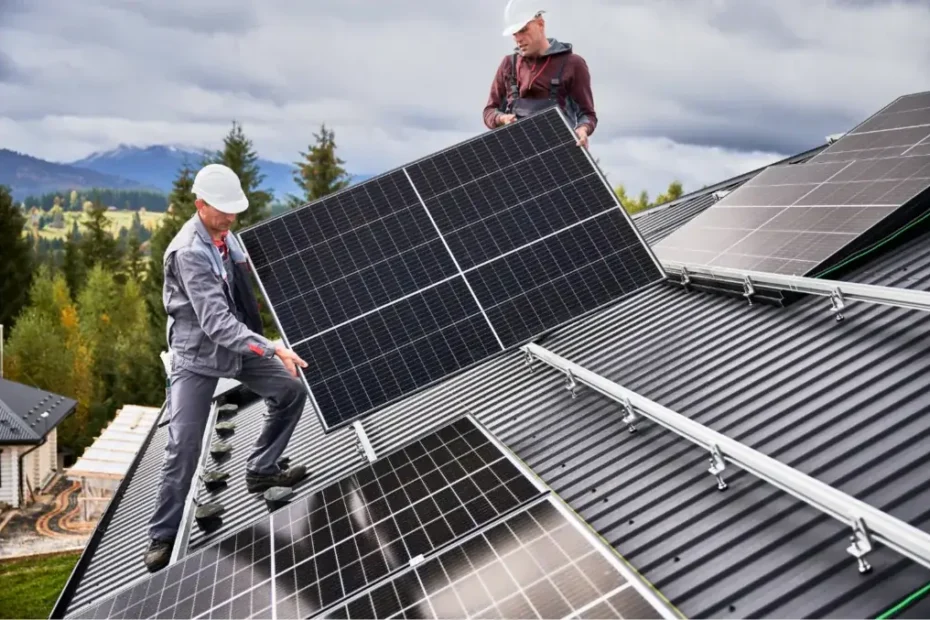 Installateurs RGE Ener Solutions posant un panneau solaire sur un toit en Gironde